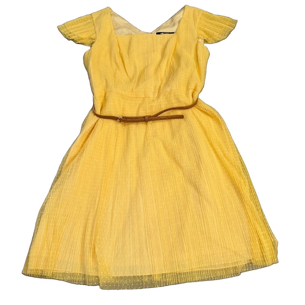 Alex Marie Women's Size 12 Yellow Swiss Dot Pleated Fit & Flare Belted Dress